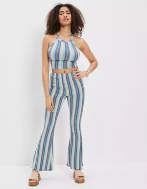 Pantalon American Eagle AE Stretch Super High-Waisted Smocked Flare Bleu Femme | QWR-55301321